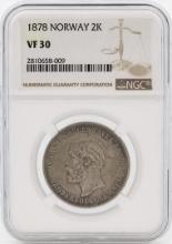 1878 Norway 2 Kroner Silver Coin NGC VF30