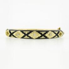Vintage 14k Gold .18 ctw Diamond Black Enamel Engraved Hinged Open Bangle Bracel