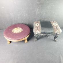 Vintage cast iron/leather foot stool round wood Needlepoint footstool