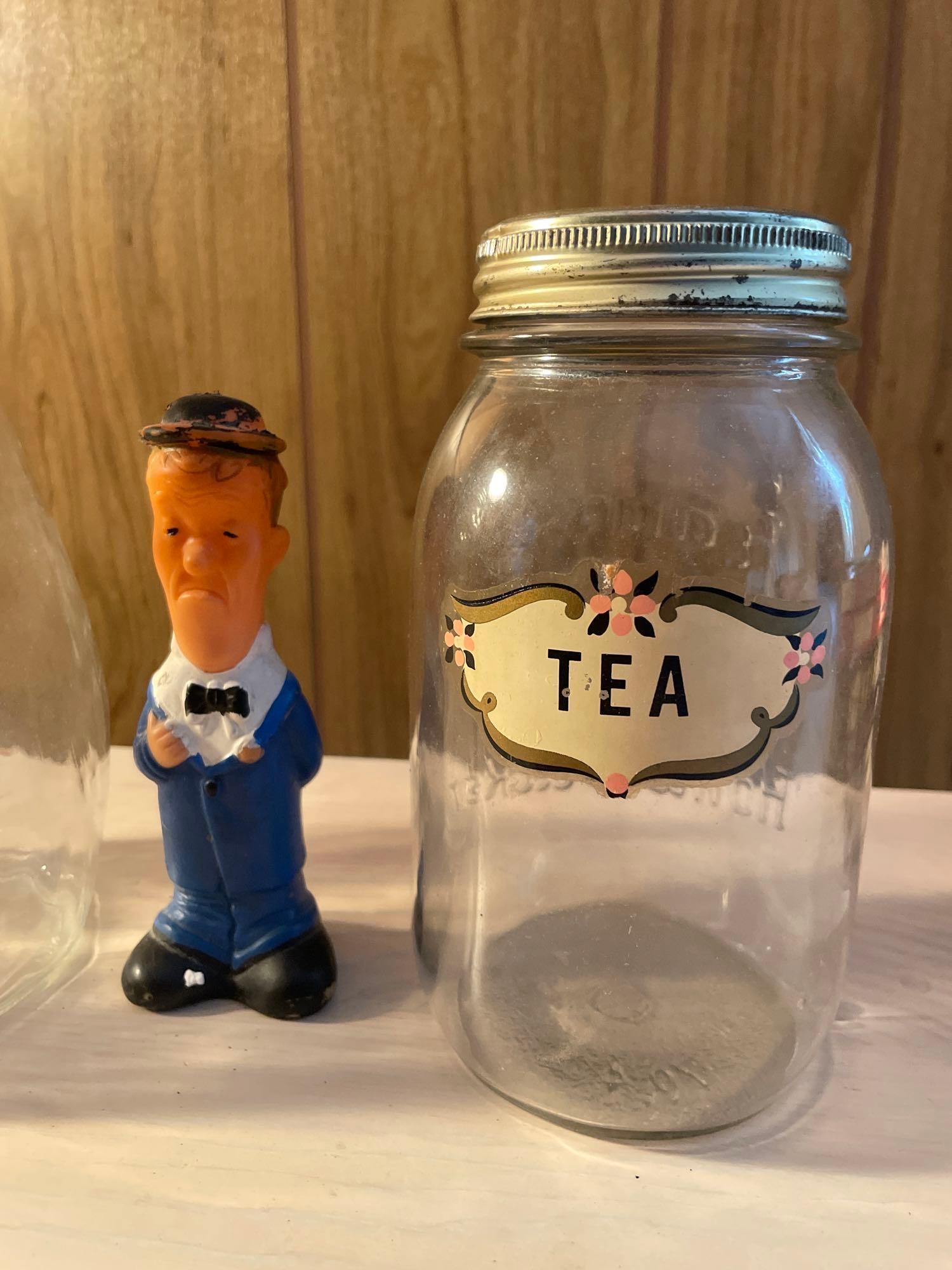 Laurel and Hardy Figure, Evenflo Measuring Jar, Tea Jar, Vtg Hat Tin