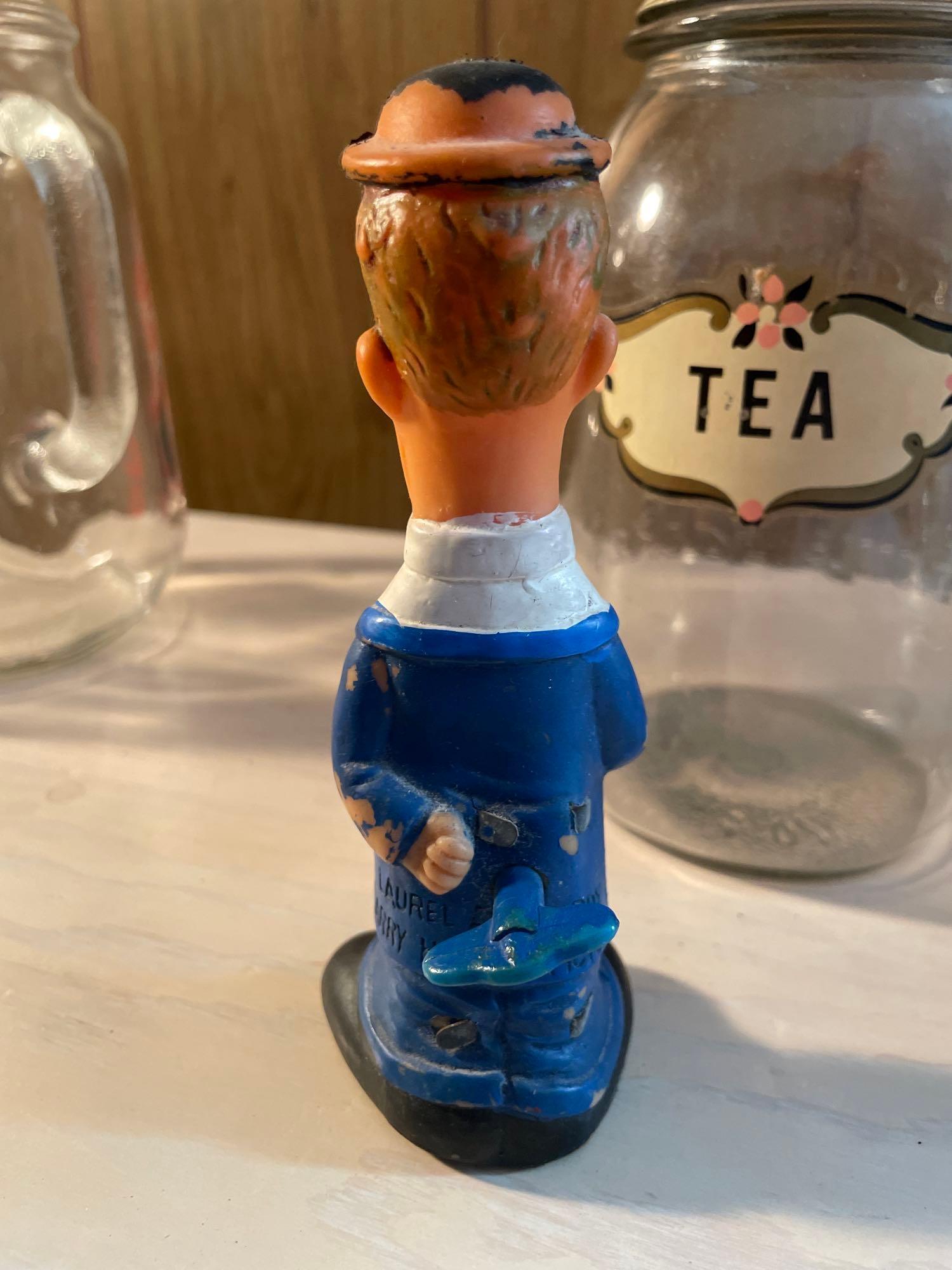 Laurel and Hardy Figure, Evenflo Measuring Jar, Tea Jar, Vtg Hat Tin