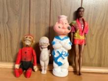 Vtg Male Barbie Doll, Popeye Soaky Bottle, Antique Doll, Vtg Mechanical Monkey