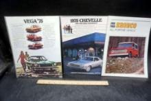 3 Vehicle Advertising Pieces - Vega '75, 1975 Chevelle & 1966 Ford Bronco