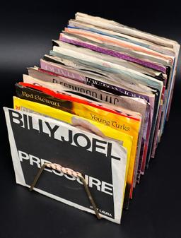 Assorted Vinyl 45 Records with Storage Rack