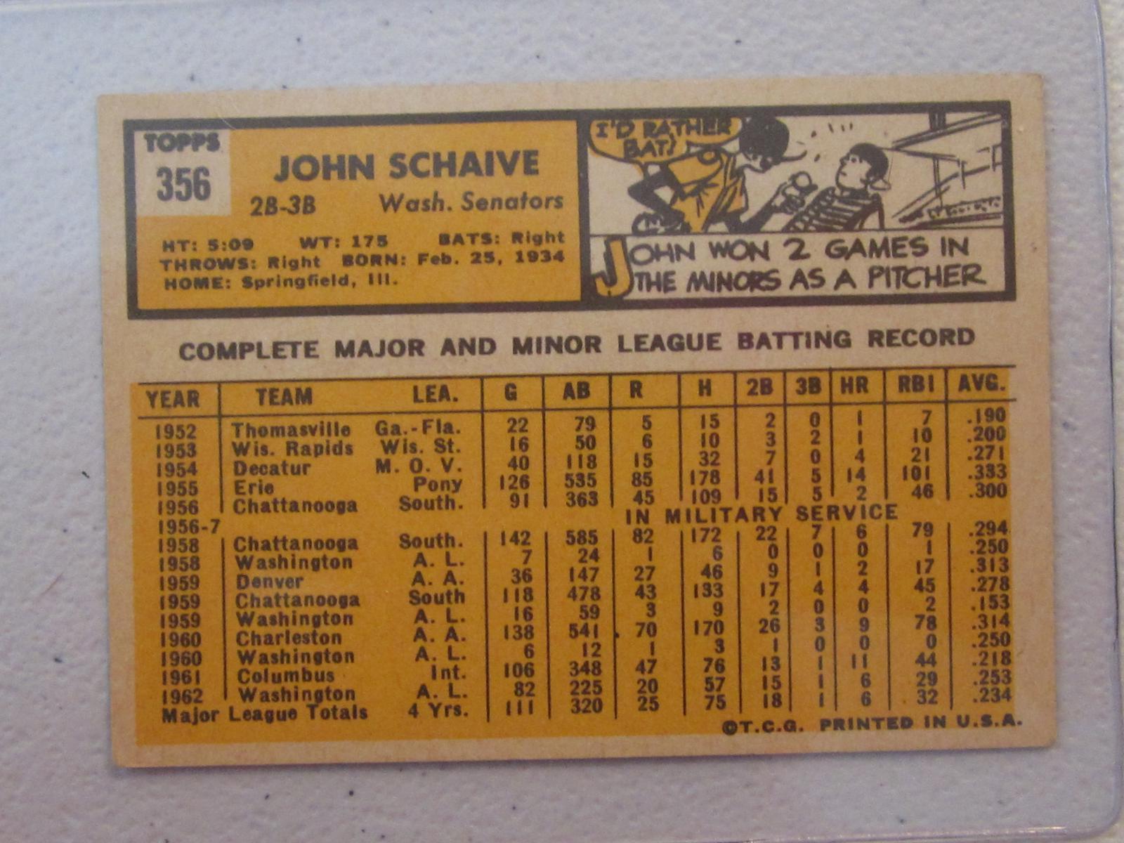 1963 TOPPS JOHN SCHAIVE NO.356 VINTAGE