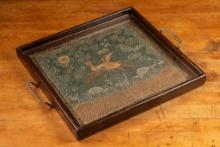 Antique Serving and Drink Tray with Embroidered Crane