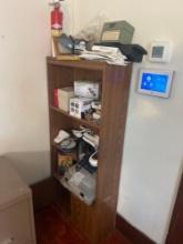 bookcase with contents, office supplies and more