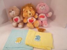 1980's Plush Care Bears and Two Care Bear Flannel Baby Blankets
