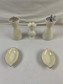 5 pcs Vintage Cream Porcelain Dishes Assortment. Lenox S & P Shakers, Belleek Bud Vase. See pics.