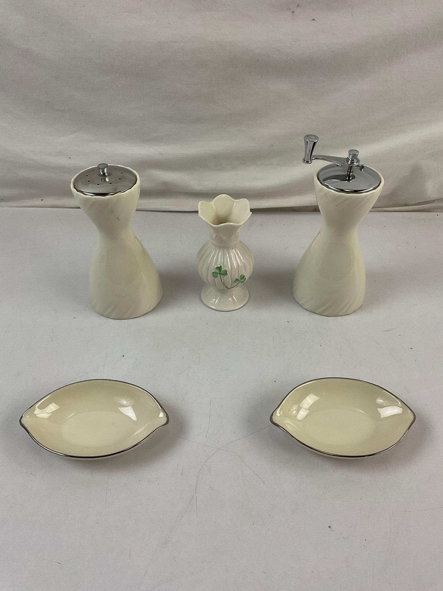 5 pcs Vintage Cream Porcelain Dishes Assortment. Lenox S & P Shakers, Belleek Bud Vase. See pics.