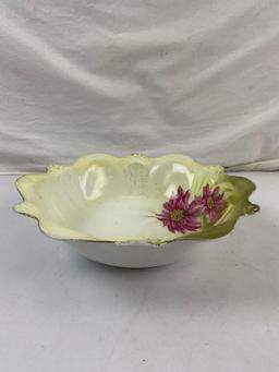 Vintage R&S Germany Yellow Porcelain Basin w/ Gold Painted Rim & Floral Design. See pics.