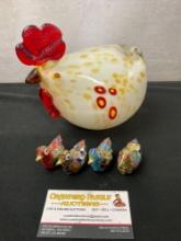Hand Blown Rooster & 4 Vintage Chinese Cloisonne Duck Figures