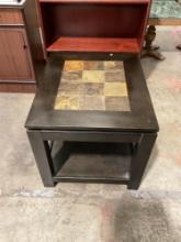 Modern wood 2 tiered end table w/ inlayed stone - See pics
