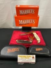 Pair of NIB Marbles Pocket Folding Knives, Triple Blade Trapper MR106 & Double Blade Scrimshaw MR...