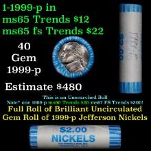 BU Shotgun Jefferson 5c roll, 1999-p 40 pcs N.F. String & Son $2 Nickel Wrapper