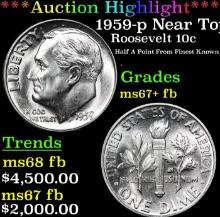 ***Auction Highlight*** 1959-p Roosevelt Dime Near Top Pop! 10c Graded Gem++ Full Bands BY USCG (fc)