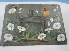 Rustic Slate Tile Wall Plaque Hand painted Red Bird Cardinal Perched on Watering Can &