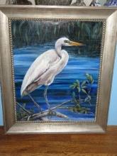 Marvelous Egret/Heron Fishing in Shallow Water Marsh Original Artwork on Canvas Artist Signed