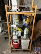 5 ft 4 shelf rack with cleaning supplies