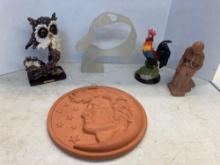 Terra-cotta Elvis wall plaque owl rooster other figurines