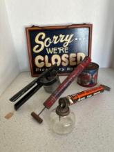 vintage bug sprayers masher handpainted sorry were closed sign