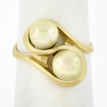 Solid 14k Yellow Gold Dual Round Cultured Pearl Polished Finish Bypass Ring