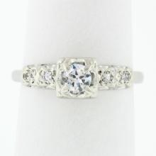 Vintage 14k White Gold 0.37 ctw Round Diamond Solitaire & Accents Engagement Rin